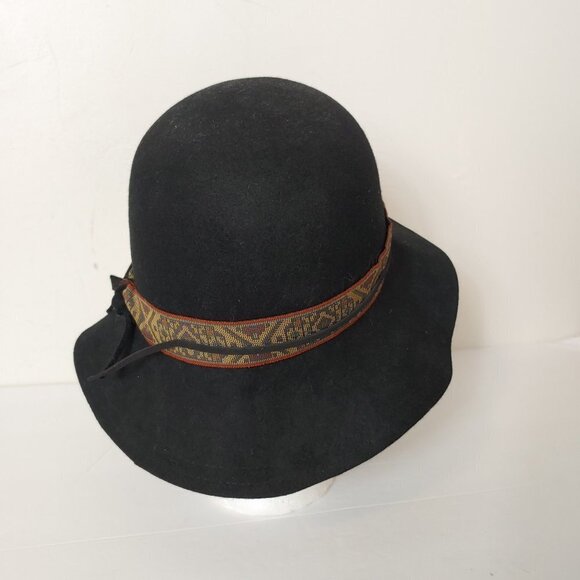 Wool Felt Wide Brim Floppy Hat Kilim Style Pattern Band Adjustable Boho Black - Picture 8 of 9